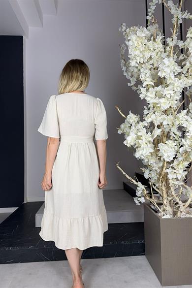 G1027 Dantel Detaylı Keten Elbise Bej