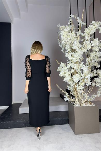 G1032 Kalp Yaka İnci Detaylı Abiye Elbise Siyah