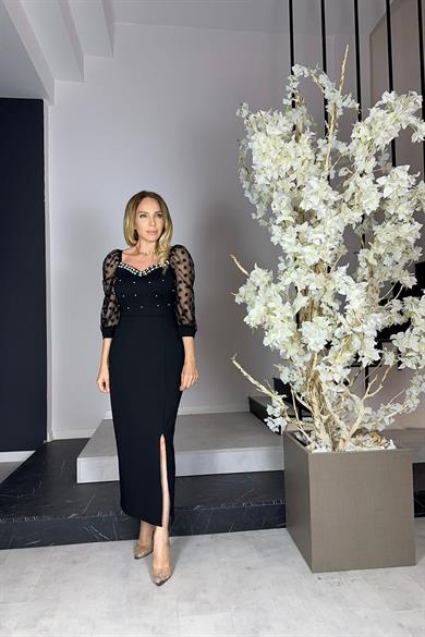 G1032 Kalp Yaka İnci Detaylı Abiye Elbise Siyah