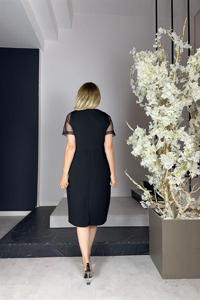 G1035 Kruvaze Yaka Sim Detaylı Abiye Elbise Siyah