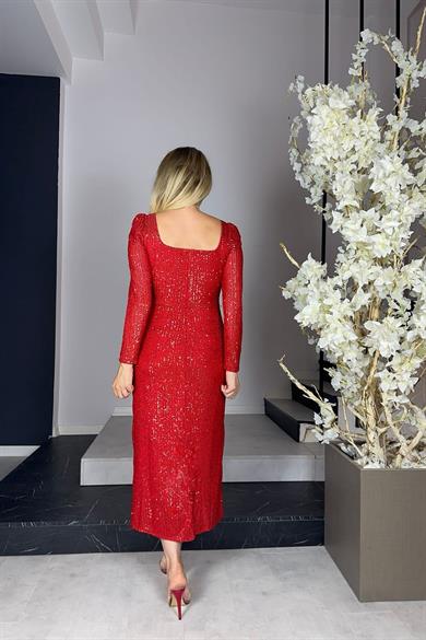 G1040 Kare Yaka Payet Abiye Elbise Kırmızı