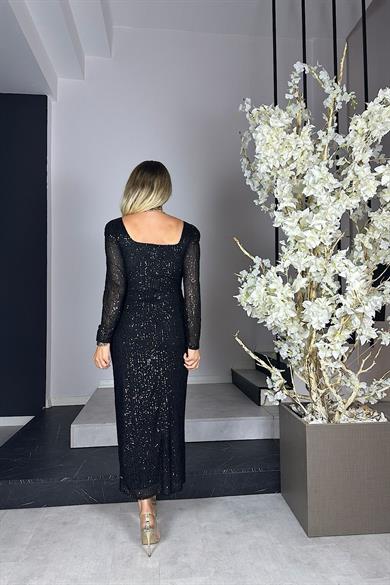 G1040 Kare Yaka Payet Abiye Elbise Siyah