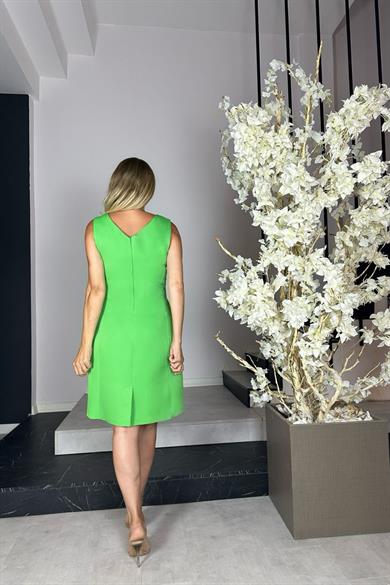 G1071 V Yaka Basic Elbise Yeşil