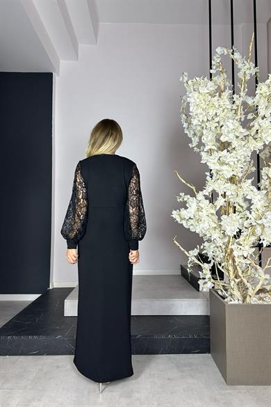 G1097 Dantel Kollu Maksi Abiye Elbise Siyah