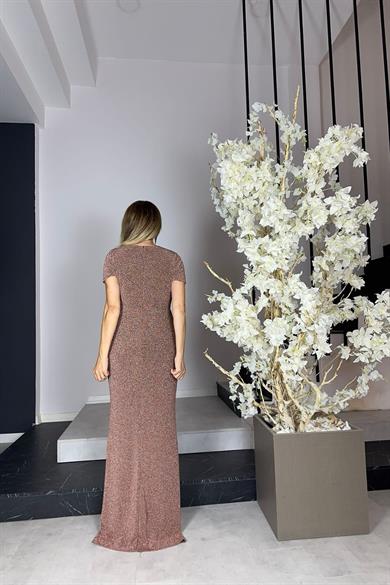 G1125 Taş Detaylı Maksi Abiye Elbise Bronz