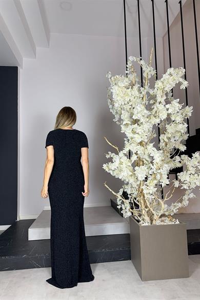 G1125 Taş Detaylı Maksi Abiye Elbise Siyah