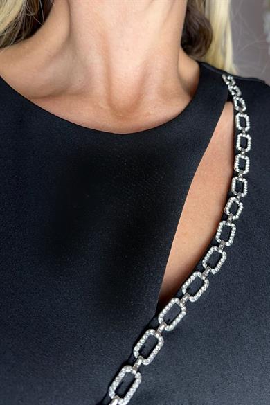 G1134 Yaka Detaylı Tasarım Abiye Elbise Siyah