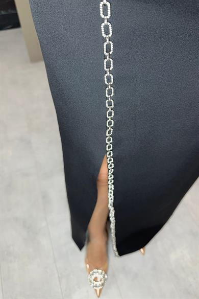 G1134 Yaka Detaylı Tasarım Abiye Elbise Siyah