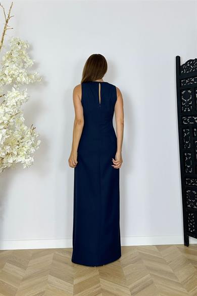 G1134 Yaka Detaylı Tasarım Abiye Elbise Lacivert