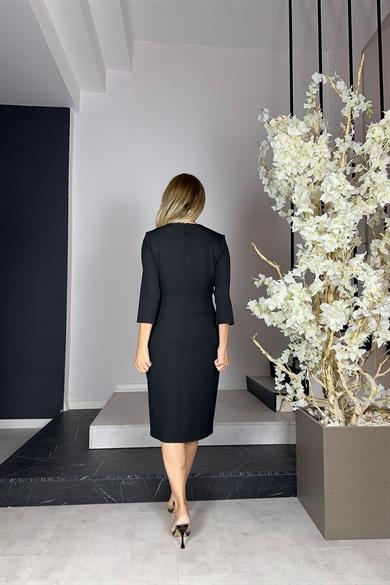 G1158 Yaka Detaylı Kalem Elbise Siyah