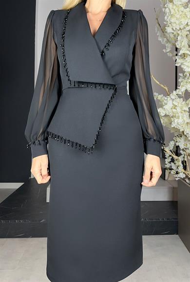 G1160 Taş Detaylı Tasarım Elbise Siyah