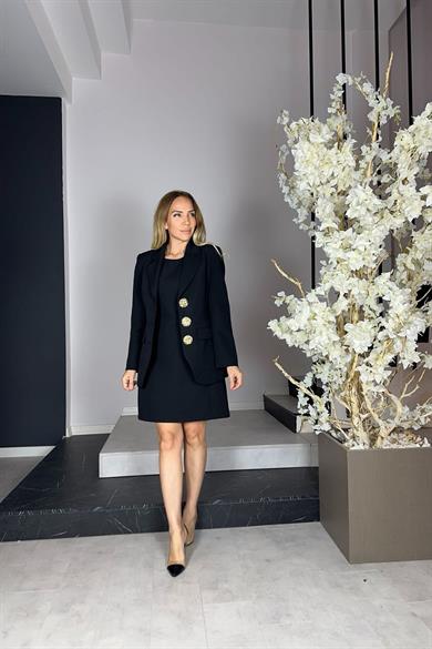G1174 Düğme Detaylı Elbise Ceket Takım Siyah