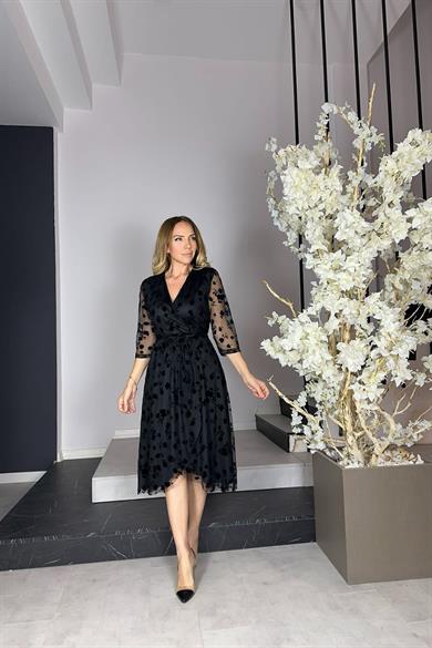 G1184 Flok Baskılı Anvelop Elbise Siyah