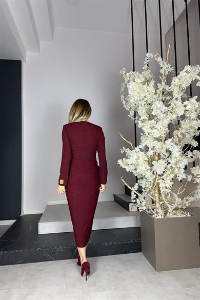 G1185 Drape Detaylı Simli Abiye Elbise Bordo