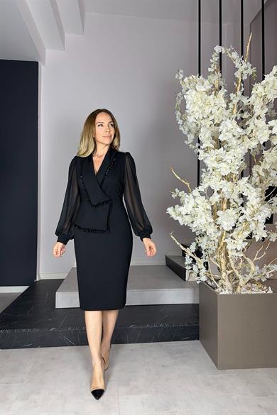 G1186 Taş Detaylı Tasarım Elbise Siyah