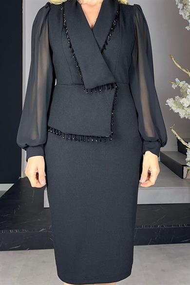 G1186 Taş Detaylı Tasarım Elbise Siyah