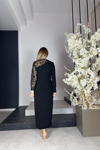 G1193  Dantel Detaylı Abiye Elbise Siyah