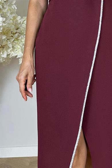 G1209 Kruvaze Yaka Taş Detaylı Abiye Elbise Bordo