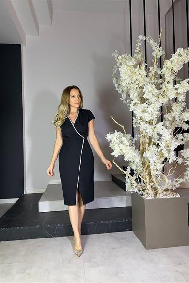 G1209 Kruvaze Yaka Taş Detaylı Abiye Elbise Siyah