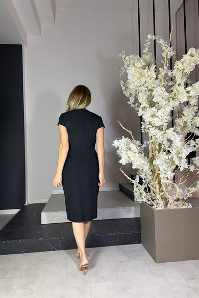 G1209 Kruvaze Yaka Taş Detaylı Abiye Elbise Siyah