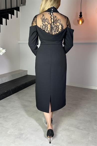 G1222 Dantel Detaylı Tasarım Elbise Siyah