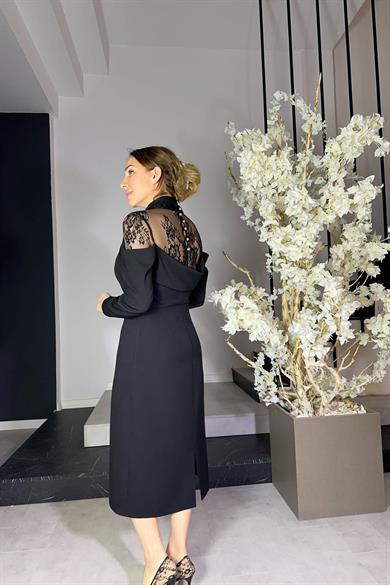 G1222 Dantel Detaylı Tasarım Elbise Siyah