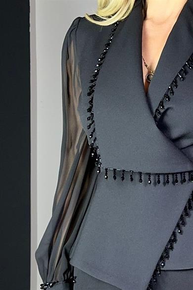 G1239 Taş Detaylı İkili Takım Siyah