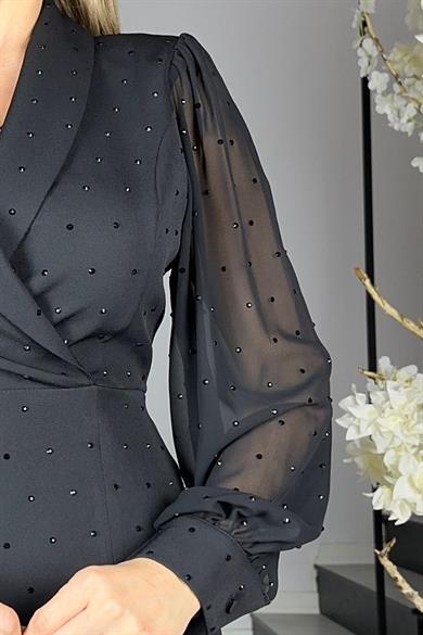 G1242 Kruvaze Yaka Taş Detaylı Abiye Elbise Siyah