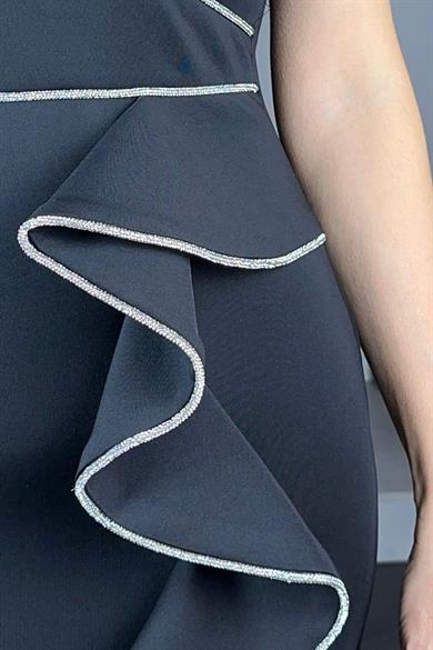 G1268 Taş ve Volan Detaylı Abiye Elbise Siyah