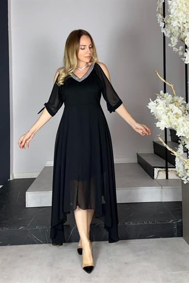 G1274 Yaka ve Şifon Detaylı Abiye Elbise Siyah