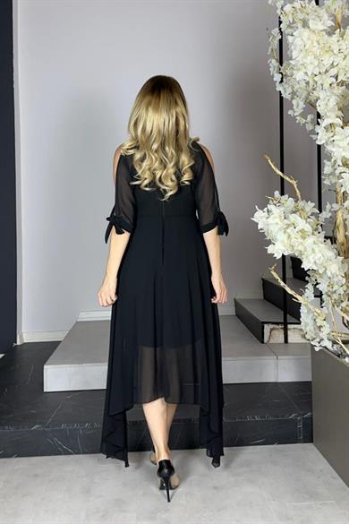 G1274 Yaka ve Şifon Detaylı Abiye Elbise Siyah