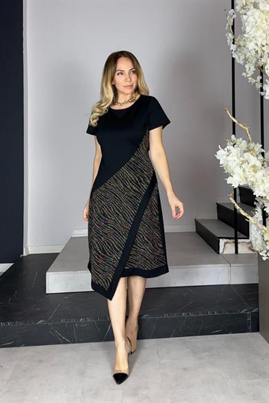 G1275 Eteği Asimetrik Simli Elbise Siyah