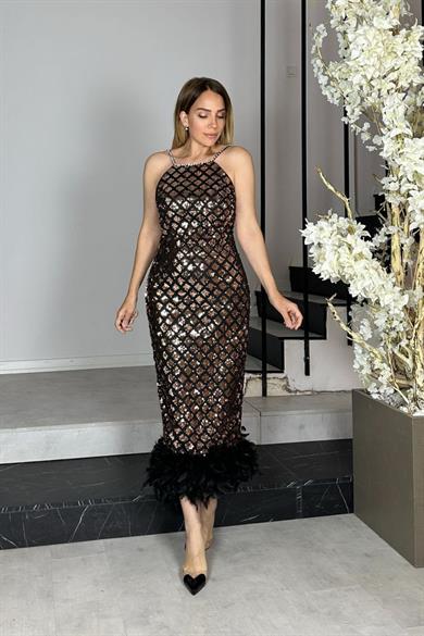 G1276 Otriş ve Askı Detaylı Payet Tasarım Elbise Bronz