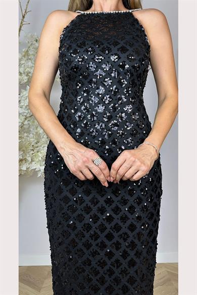 G1276 Otriş ve Askı Detaylı Payet Tasarım Elbise Dark