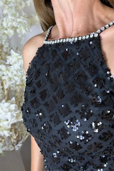 G1276 Otriş ve Askı Detaylı Payet Tasarım Elbise Dark