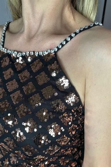 G1276 Otriş ve Askı Detaylı Payet Tasarım Elbise Bronz