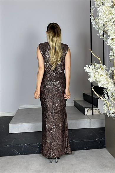 G1285 Drape Detaylı Payet Abiye Elbise Bronz