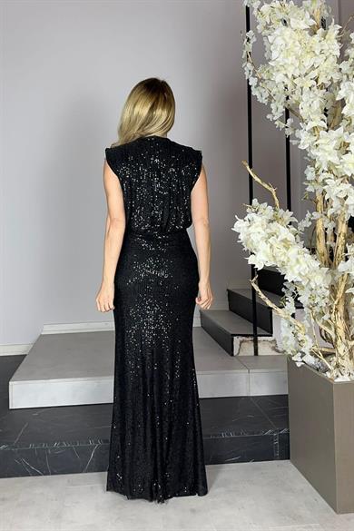 G1285 Drape Detaylı Payet Abiye Elbise Siyah