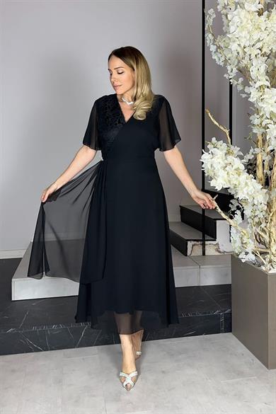 G1291 Dantel ve Broş Detaylı Abiye Şifon Elbise Siyah