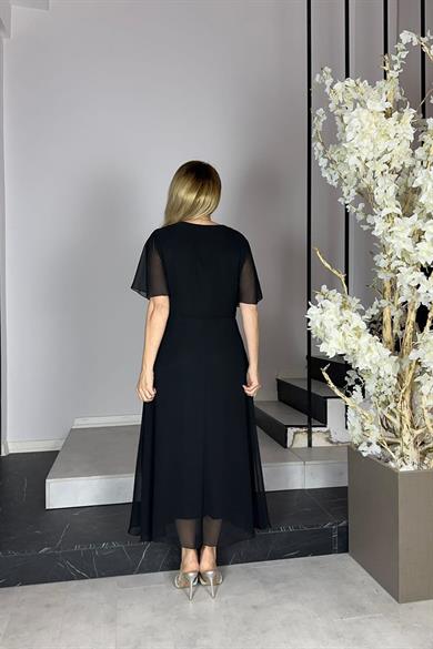 G1291 Dantel ve Broş Detaylı Abiye Şifon Elbise Siyah