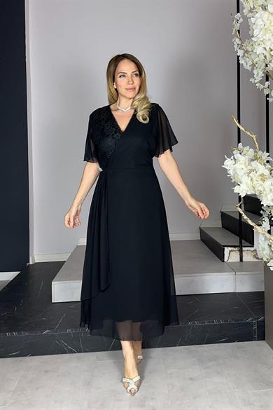 G1291 Dantel ve Broş Detaylı Abiye Şifon Elbise Siyah