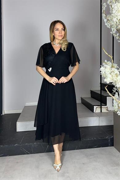 G1291 Dantel ve Broş Detaylı Abiye Şifon Elbise Siyah