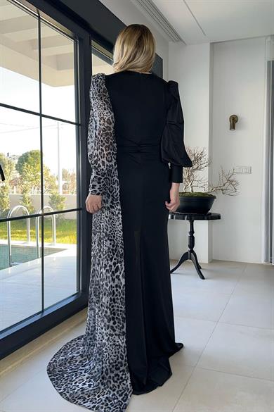 G1296 Leopar Detaylı Tasarım Abiye Elbise Gri