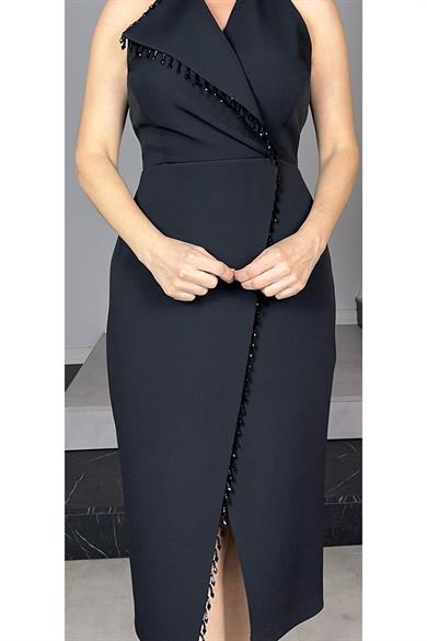 G1309 Taş Detaylı Halter Yaka Abiye Elbise Siyah