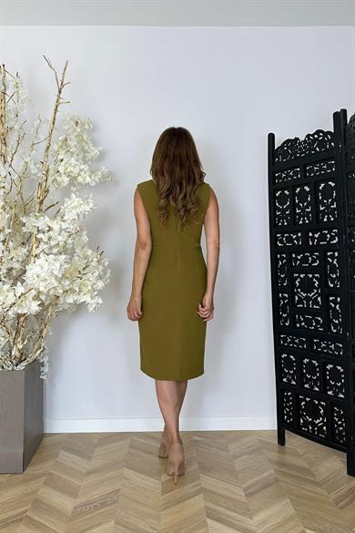 G1330 Drape ve Çiçek Detaylı V Yaka Abiye Elbise Haki