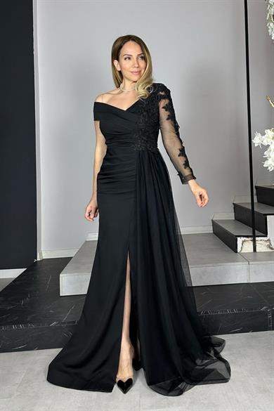 G1341 Dantel Detaylı Maksi Tasarım Elbise Siyah