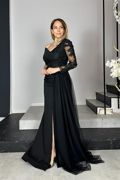 G1341 Dantel Detaylı Maksi Tasarım Elbise Siyah