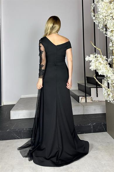 G1341 Dantel Detaylı Maksi Tasarım Elbise Siyah