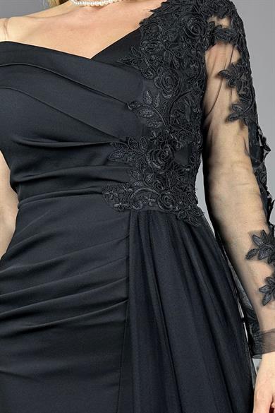 G1341 Dantel Detaylı Maksi Tasarım Elbise Siyah