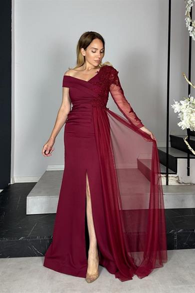 G1341 Dantel Detaylı Maksi Tasarım Elbise Bordo